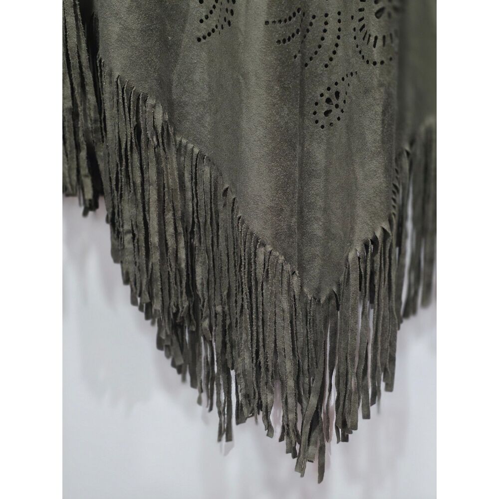 Cato Faux Suede Laser Cut Fringe Poncho OS Olive Boho Western Cowgirl Cape - Picture 6 of 8